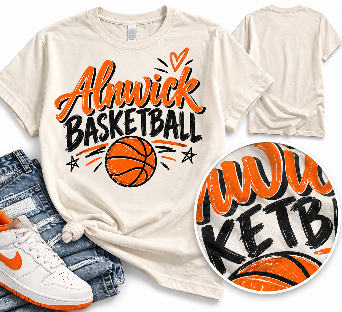 Alnwick Basketball orange lettering apparel mockup